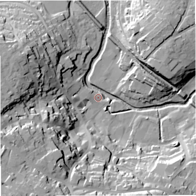 Shaded relief map of the ground around BA111AL, computed from Environment Agency LiDAR. The ground here sits at about 65 m above sea level and falls 53 m across the surrounding 800 m. Surface water reaching this point runs off ground lying to the south-west, 51.6 m higher.