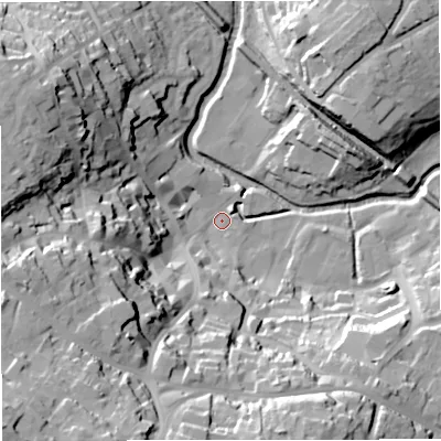 Shaded relief map of the ground around BA111AN, computed from Environment Agency LiDAR. The ground here sits at about 65 m above sea level and falls 54 m across the surrounding 800 m. Surface water reaching this point runs off ground lying to the south-west, 51.0 m higher.