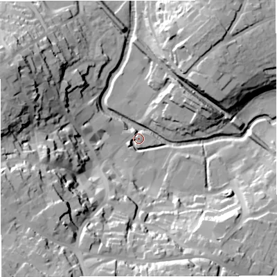 Shaded relief map of the ground around BA111AP, computed from Environment Agency LiDAR. The ground here sits at about 65 m above sea level and falls 50 m across the surrounding 800 m. Surface water reaching this point runs off ground lying to the south-west, 50.1 m higher.