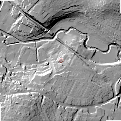 Shaded relief map of the ground around BA111AQ, computed from Environment Agency LiDAR. The ground here sits at about 74 m above sea level and falls 48 m across the surrounding 800 m. Surface water reaching this point runs off ground lying to the south-south-west, 13.6 m higher.