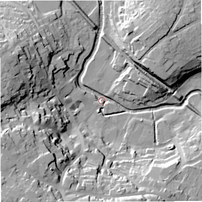 Shaded relief map of the ground around BA111AR, computed from Environment Agency LiDAR. The ground here sits at about 64 m above sea level and falls 51 m across the surrounding 800 m. Surface water reaching this point runs off ground lying to the south-west, 50.3 m higher.