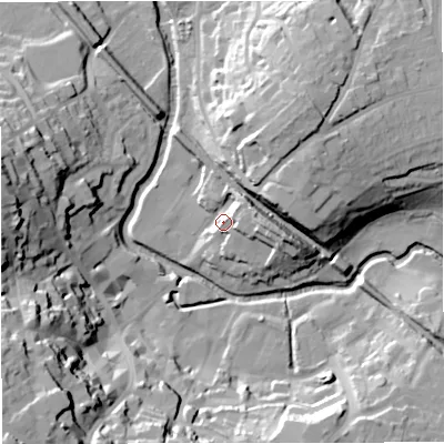 Shaded relief map of the ground around BA111AT, computed from Environment Agency LiDAR. The ground here sits at about 70 m above sea level and falls 42 m across the surrounding 800 m. Surface water reaching this point runs off ground lying to the north-east, 9.6 m higher.
