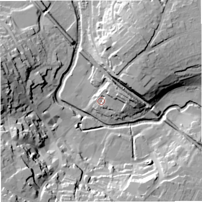 Shaded relief map of the ground around BA111AU, computed from Environment Agency LiDAR. The ground here sits at about 69 m above sea level and falls 44 m across the surrounding 800 m. Surface water reaching this point runs off ground lying to the north-east, 9.4 m higher.