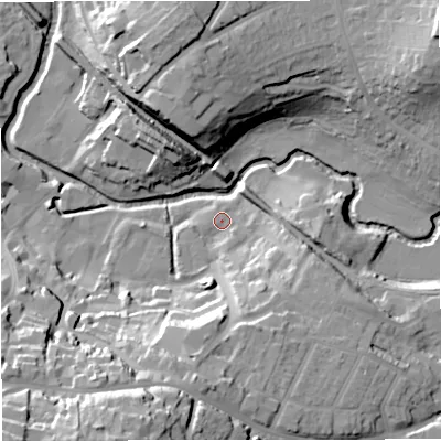 Shaded relief map of the ground around BA111AX, computed from Environment Agency LiDAR. The ground here sits at about 66 m above sea level and falls 44 m across the surrounding 800 m. Surface water reaching this point runs off ground lying to the south, 21.8 m higher.
