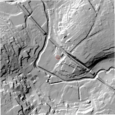 Shaded relief map of the ground around BA111BB, computed from Environment Agency LiDAR. The ground here sits at about 67 m above sea level and falls 42 m across the surrounding 800 m. Surface water reaching this point runs off ground lying to the east, 9.1 m higher.