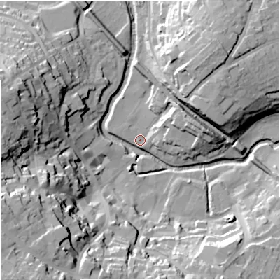 Shaded relief map of the ground around BA111BD, computed from Environment Agency LiDAR. The ground here sits at about 64 m above sea level and falls 47 m across the surrounding 800 m. Surface water reaching this point runs off ground lying to the south-west, 46.0 m higher.