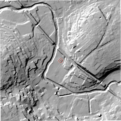 Shaded relief map of the ground around BA111BE, computed from Environment Agency LiDAR. The ground here sits at about 65 m above sea level and falls 43 m across the surrounding 800 m. Surface water reaching this point runs off ground lying to the east-south-east, 7.3 m higher.