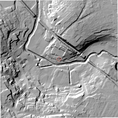 Shaded relief map of the ground around BA111BG, computed from Environment Agency LiDAR. The ground here sits at about 68 m above sea level and falls 45 m across the surrounding 800 m. Surface water reaching this point runs off ground lying to the north-east, 13.6 m higher.