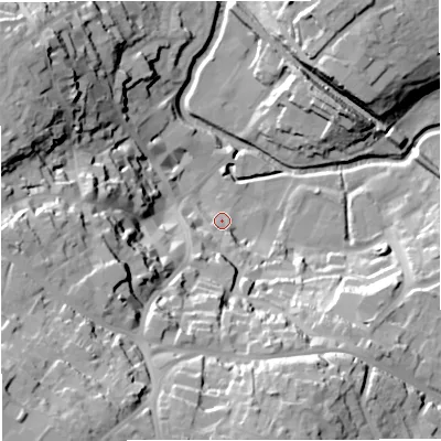 Shaded relief map of the ground around BA111BH, computed from Environment Agency LiDAR. The ground here sits at about 67 m above sea level and falls 53 m across the surrounding 800 m. Surface water reaching this point runs off ground lying to the south-south-west, 30.5 m higher.