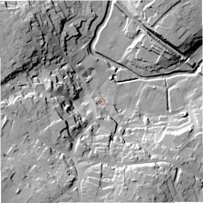 Shaded relief map of the ground around BA111BN, computed from Environment Agency LiDAR. The ground here sits at about 69 m above sea level and falls 54 m across the surrounding 800 m. Surface water reaching this point runs off ground lying to the south-south-west, 10.6 m higher.