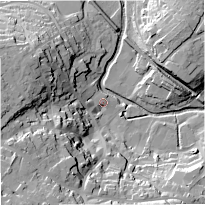 Shaded relief map of the ground around BA111BS, computed from Environment Agency LiDAR. The ground here sits at about 67 m above sea level and falls 53 m across the surrounding 800 m. Surface water reaching this point runs off ground lying to the south-west, 43.5 m higher.