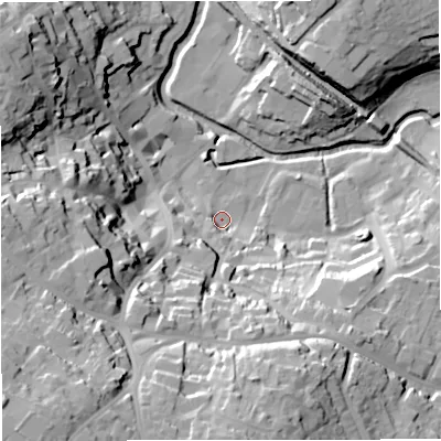 Shaded relief map of the ground around BA111BT, computed from Environment Agency LiDAR. The ground here sits at about 66 m above sea level and falls 53 m across the surrounding 800 m. Surface water reaching this point runs off ground lying to the south-west, 31.8 m higher.