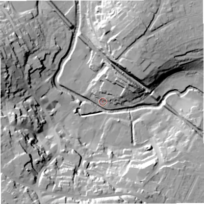 Shaded relief map of the ground around BA111FE, computed from Environment Agency LiDAR. The ground here sits at about 65 m above sea level and falls 48 m across the surrounding 800 m. Surface water reaching this point runs off ground lying to the south-west, 46.7 m higher.