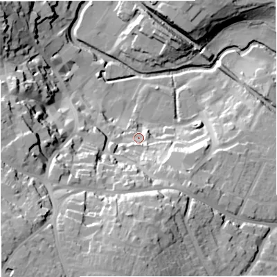 Shaded relief map of the ground around BA111PR, computed from Environment Agency LiDAR. The ground here sits at about 71 m above sea level and falls 52 m across the surrounding 800 m. Surface water reaching this point runs off ground lying to the south-south-west, 37.6 m higher.
