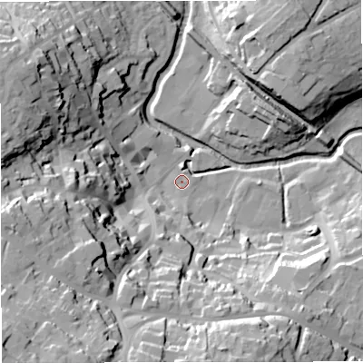 Shaded relief map of the ground around BA111PS, computed from Environment Agency LiDAR. The ground here sits at about 65 m above sea level and falls 52 m across the surrounding 800 m. Surface water reaching this point runs off ground lying to the south-west, 49.8 m higher.