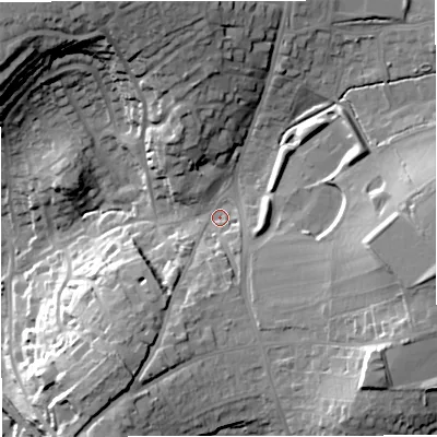 Shaded relief map of the ground around BA112HD, computed from Environment Agency LiDAR. The ground here sits at about 74 m above sea level and falls 31 m across the surrounding 800 m. Surface water reaching this point runs off ground lying to the north-north-west, 17.2 m higher.