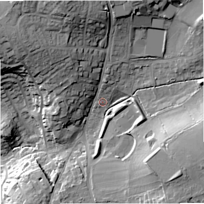 Shaded relief map of the ground around BA112HH, computed from Environment Agency LiDAR. The ground here sits at about 76 m above sea level and falls 32 m across the surrounding 800 m. Surface water reaching this point runs off ground lying to the north, 4.5 m higher.