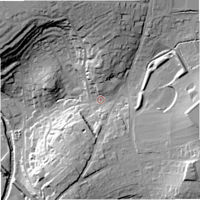 Shaded relief map of the ground around BA112JN, computed from Environment Agency LiDAR. The ground here sits at about 73 m above sea level and falls 35 m across the surrounding 800 m. Surface water reaching this point runs off ground lying to the north, 20.3 m higher.