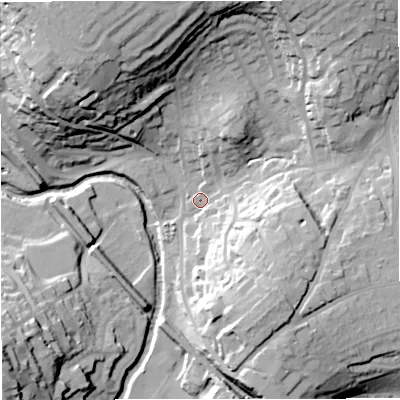 Shaded relief map of the ground around BA112JP, computed from Environment Agency LiDAR. The ground here sits at about 64 m above sea level and falls 37 m across the surrounding 800 m. Surface water reaching this point runs off ground lying to the north, 29.2 m higher.