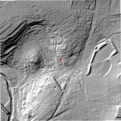 Shaded relief map of the ground around BA112JS, computed from Environment Agency LiDAR. The ground here sits at about 74 m above sea level and falls 36 m across the surrounding 800 m. Surface water reaching this point runs off ground lying to the north, 19.7 m higher.