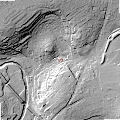 Shaded relief map of the ground around BA112JW, computed from Environment Agency LiDAR. The ground here sits at about 69 m above sea level and falls 39 m across the surrounding 800 m. Surface water reaching this point runs off ground lying to the north, 23.1 m higher.
