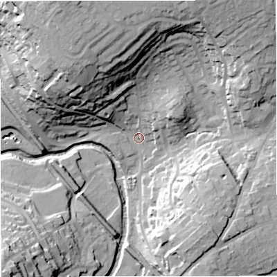 Shaded relief map of the ground around BA112LJ, computed from Environment Agency LiDAR. The ground here sits at about 64 m above sea level and falls 40 m across the surrounding 800 m. Surface water reaching this point runs off ground lying to the north-north-west, 31.3 m higher.