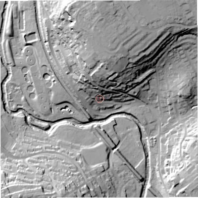 Shaded relief map of the ground around BA112LR, computed from Environment Agency LiDAR. The ground here sits at about 70 m above sea level and falls 44 m across the surrounding 800 m. Surface water reaching this point runs off ground lying to the north, 25.7 m higher.