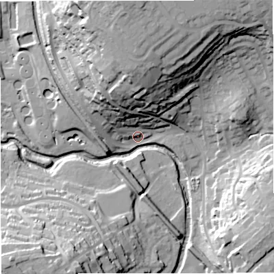 Shaded relief map of the ground around BA112LT, computed from Environment Agency LiDAR. The ground here sits at about 64 m above sea level and falls 44 m across the surrounding 800 m. Surface water reaching this point runs off ground lying to the north, 35.6 m higher.