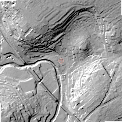 Shaded relief map of the ground around BA112LX, computed from Environment Agency LiDAR. The ground here sits at about 64 m above sea level and falls 40 m across the surrounding 800 m. Surface water reaching this point runs off ground lying to the north-north-west, 31.7 m higher.