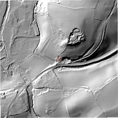 Shaded relief map of the ground around BA112NE, computed from Environment Agency LiDAR. The ground here sits at about 64 m above sea level and falls 46 m across the surrounding 800 m. Surface water reaching this point runs off ground lying to the north-north-east, 33.8 m higher.