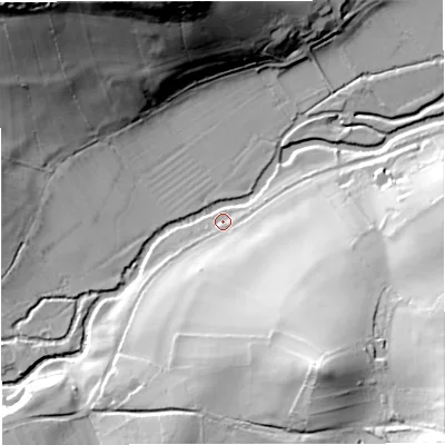 Shaded relief map of the ground around BA112NR, computed from Environment Agency LiDAR. The ground here sits at about 57 m above sea level and falls 50 m across the surrounding 800 m. Surface water reaching this point runs off ground lying to the south-east, 29.7 m higher.