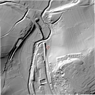 Shaded relief map of the ground around BA112NU, computed from Environment Agency LiDAR. The ground here sits at about 62 m above sea level and falls 42 m across the surrounding 800 m. Surface water reaching this point runs off ground lying to the east-south-east, 38.1 m higher.