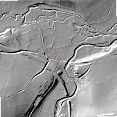 Shaded relief map of the ground around BA112NY, computed from Environment Agency LiDAR. The ground here sits at about 60 m above sea level and falls 37 m across the surrounding 800 m. Surface water reaching this point runs off ground lying to the south-west, 30.5 m higher.