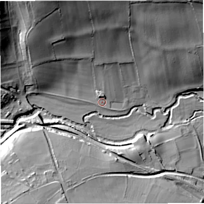 Shaded relief map of the ground around BA112PB, computed from Environment Agency LiDAR. The ground here sits at about 64 m above sea level and falls 39 m across the surrounding 800 m. Surface water reaching this point runs off ground lying to the north-north-west, 34.5 m higher.