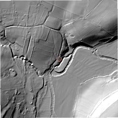 Shaded relief map of the ground around BA112PW, computed from Environment Agency LiDAR. The ground here sits at about 53 m above sea level and falls 47 m across the surrounding 800 m. Surface water reaching this point runs off ground lying to the north-west, 22.7 m higher.