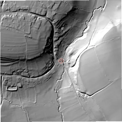 Shaded relief map of the ground around BA112QL, computed from Environment Agency LiDAR. The ground here sits at about 74 m above sea level and falls 51 m across the surrounding 800 m. Surface water reaching this point runs off ground lying to the west-north-west, 47.4 m higher.