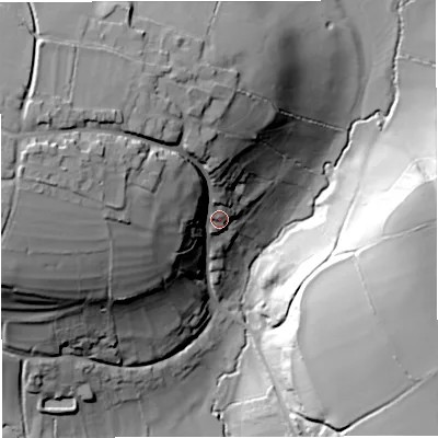 Shaded relief map of the ground around BA112QP, computed from Environment Agency LiDAR. The ground here sits at about 90 m above sea level and falls 50 m across the surrounding 800 m. Surface water reaching this point runs off ground lying to the west-north-west, 36.5 m higher.