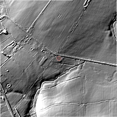 Shaded relief map of the ground around BA112RR, computed from Environment Agency LiDAR. The ground here sits at about 61 m above sea level and falls 16 m across the surrounding 800 m. Surface water reaching this point runs off ground lying to the north-west, 2.2 m higher.