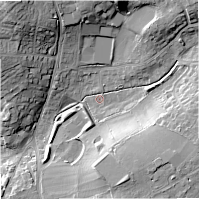 Shaded relief map of the ground around BA112SF, computed from Environment Agency LiDAR. The ground here sits at about 77 m above sea level and falls 26 m across the surrounding 800 m. Surface water reaching this point runs off ground lying to the north-east, 0.9 m higher.