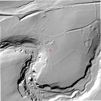 Shaded relief map of the ground around BA113NW, computed from Environment Agency LiDAR. The ground here sits at about 92 m above sea level and falls 34 m across the surrounding 800 m. Surface water reaching this point runs off ground lying to the south, 2.0 m higher.