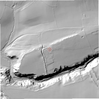 Shaded relief map of the ground around BA113PA, computed from Environment Agency LiDAR. The ground here sits at about 121 m above sea level and falls 50 m across the surrounding 800 m. Surface water reaching this point runs off ground lying to the north-west, 0.9 m higher.