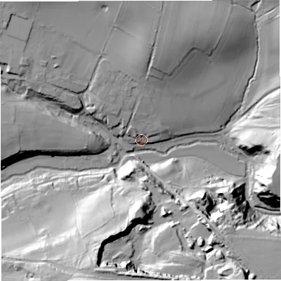 Shaded relief map of the ground around BA113PE, computed from Environment Agency LiDAR. The ground here sits at about 93 m above sea level and falls 48 m across the surrounding 800 m. Surface water reaching this point runs off ground lying to the north, 9.4 m higher.