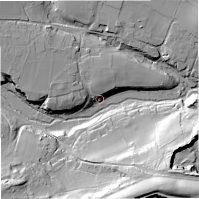 Shaded relief map of the ground around BA113QG, computed from Environment Agency LiDAR. The ground here sits at about 95 m above sea level and falls 54 m across the surrounding 800 m. Surface water reaching this point runs off ground lying to the west, 18.3 m higher.