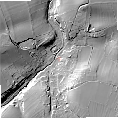 Shaded relief map of the ground around BA114LW, computed from Environment Agency LiDAR. The ground here sits at about 105 m above sea level and falls 30 m across the surrounding 800 m. Surface water reaching this point runs off ground lying to the south-south-east, 25.7 m higher.