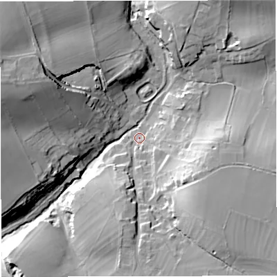 Shaded relief map of the ground around BA114LY, computed from Environment Agency LiDAR. The ground here sits at about 106 m above sea level and falls 32 m across the surrounding 800 m. Surface water reaching this point runs off ground lying to the south-east, 24.7 m higher.