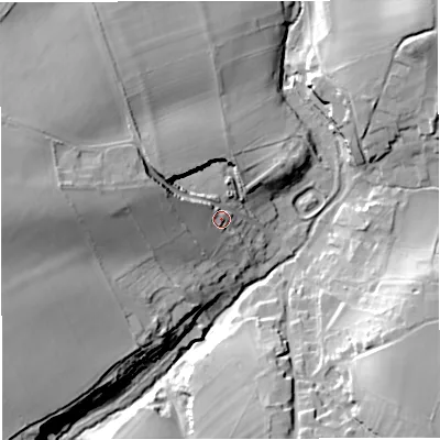 Shaded relief map of the ground around BA114NL, computed from Environment Agency LiDAR. The ground here sits at about 114 m above sea level and falls 37 m across the surrounding 800 m. Surface water reaching this point runs off ground lying to the west-north-west, 10.4 m higher.