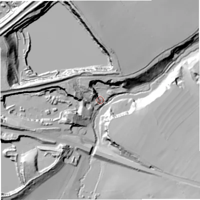 Shaded relief map of the ground around BA114PZ, computed from Environment Agency LiDAR. The ground here sits at about 118 m above sea level and falls 43 m across the surrounding 800 m. Surface water reaching this point runs off ground lying to the north, 29.0 m higher.