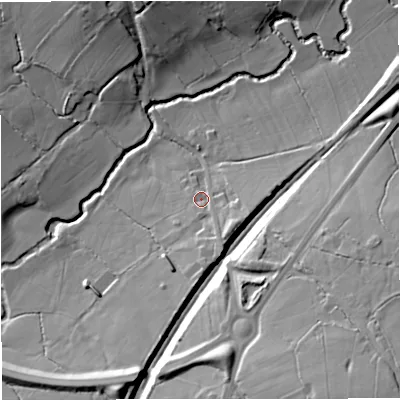 Shaded relief map of the ground around BA115EJ, computed from Environment Agency LiDAR. The ground here sits at about 75 m above sea level and falls 32 m across the surrounding 800 m. Surface water reaching this point runs off ground lying to the south-east, 3.3 m higher.