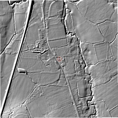 Shaded relief map of the ground around BA115EN, computed from Environment Agency LiDAR. The ground here sits at about 80 m above sea level and falls 13 m across the surrounding 800 m. Surface water reaching this point runs off ground lying to the south, 5.4 m higher.