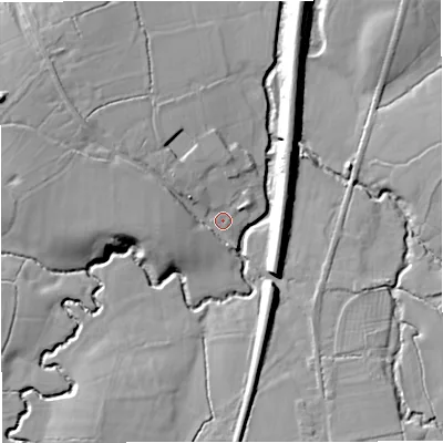 Shaded relief map of the ground around BA115EP, computed from Environment Agency LiDAR. The ground here sits at about 75 m above sea level and falls 13 m across the surrounding 800 m. Surface water reaching this point runs off ground lying to the west-north-west, 8.6 m higher.